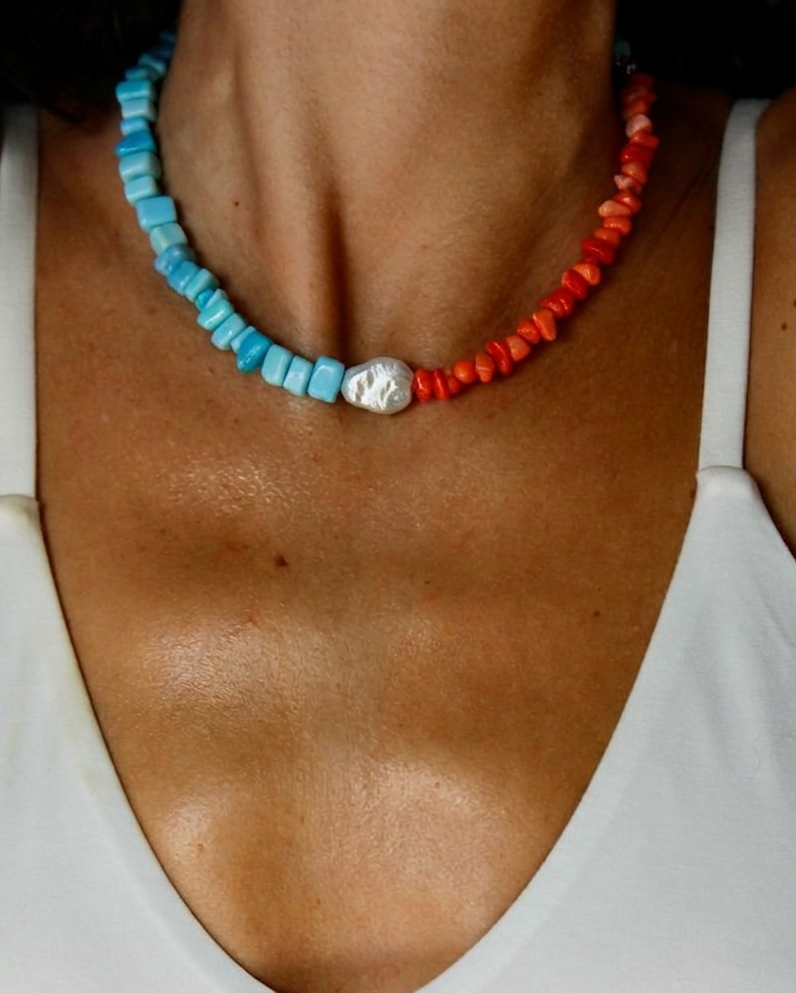 Collana Turchese,scaramazza e corallo