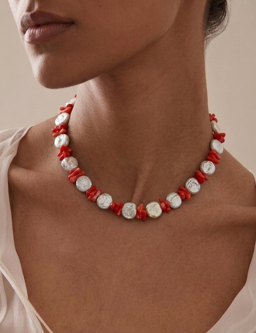 Girocollo "Ritmo Marino" in Perle Scaramazze Piatte e Corallo Rosso