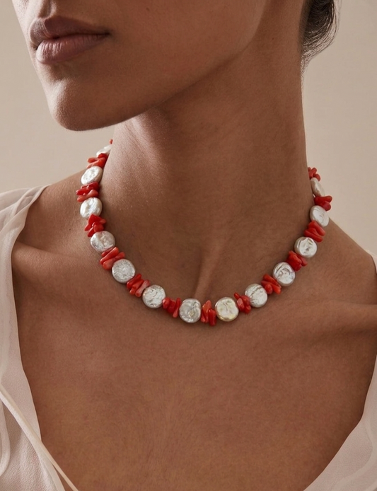 Girocollo "Ritmo Marino" in Perle Scaramazze Piatte e Corallo Rosso