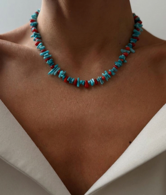 Collana Girocollo "Oceano e Fuoco" in Corallo Rosso e Corallo Bambù Azzurro