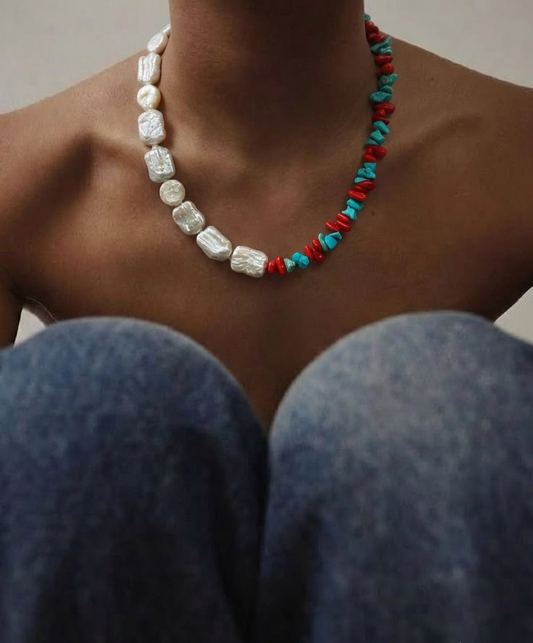 Collana "Contrasti Mediterranei" in Argento 925, Perle, Corallo e Turchese