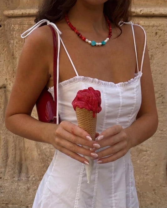 Girocollo Artigianale "Fiamma Marina" in Corallo Rosso, Perle e Dettagli Turchese